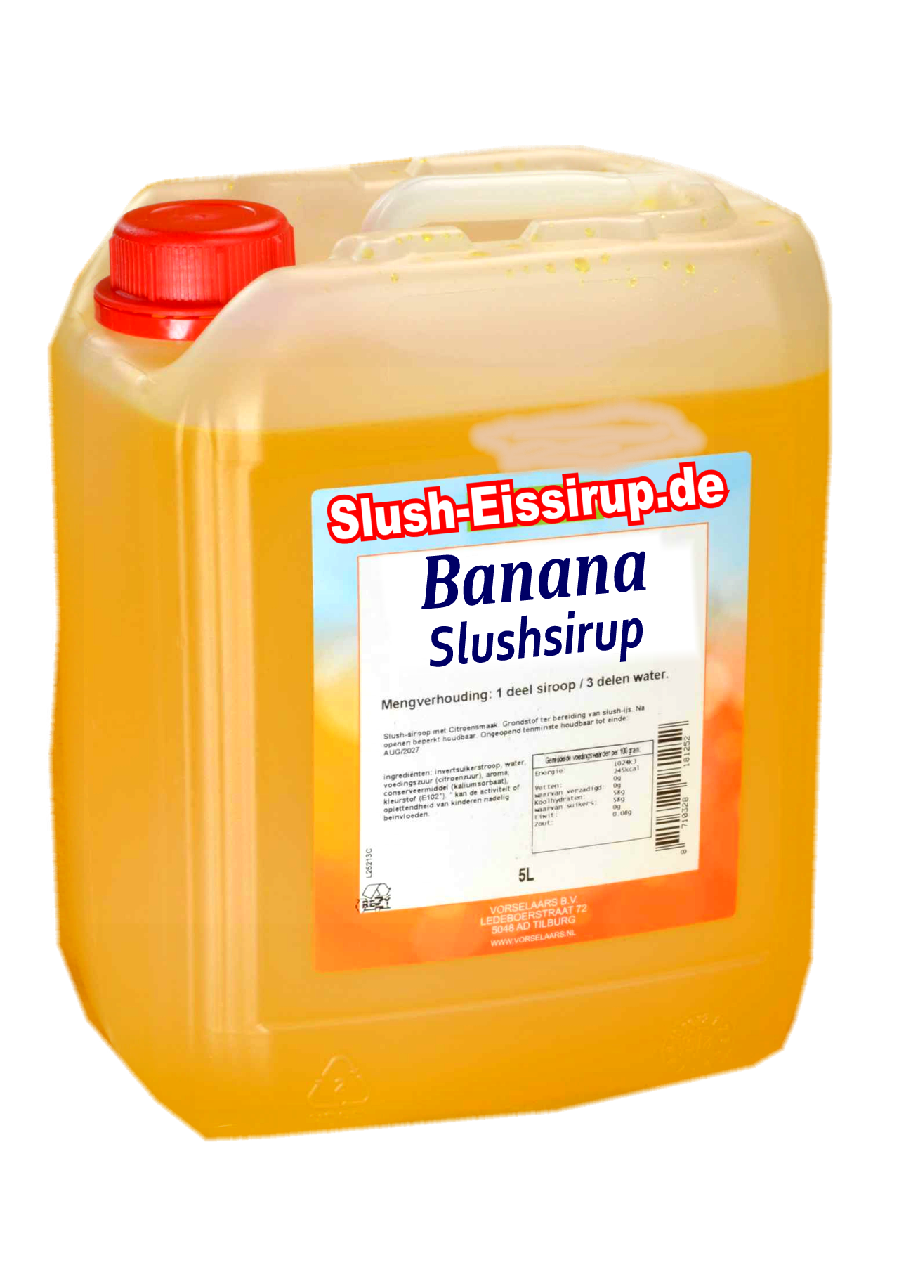 D- Slushsiroop BANAAN smaak - tank met 5 ltr - Vorselaars - Slush-Eissirup.de   Een lekkernij voor jong en oud.