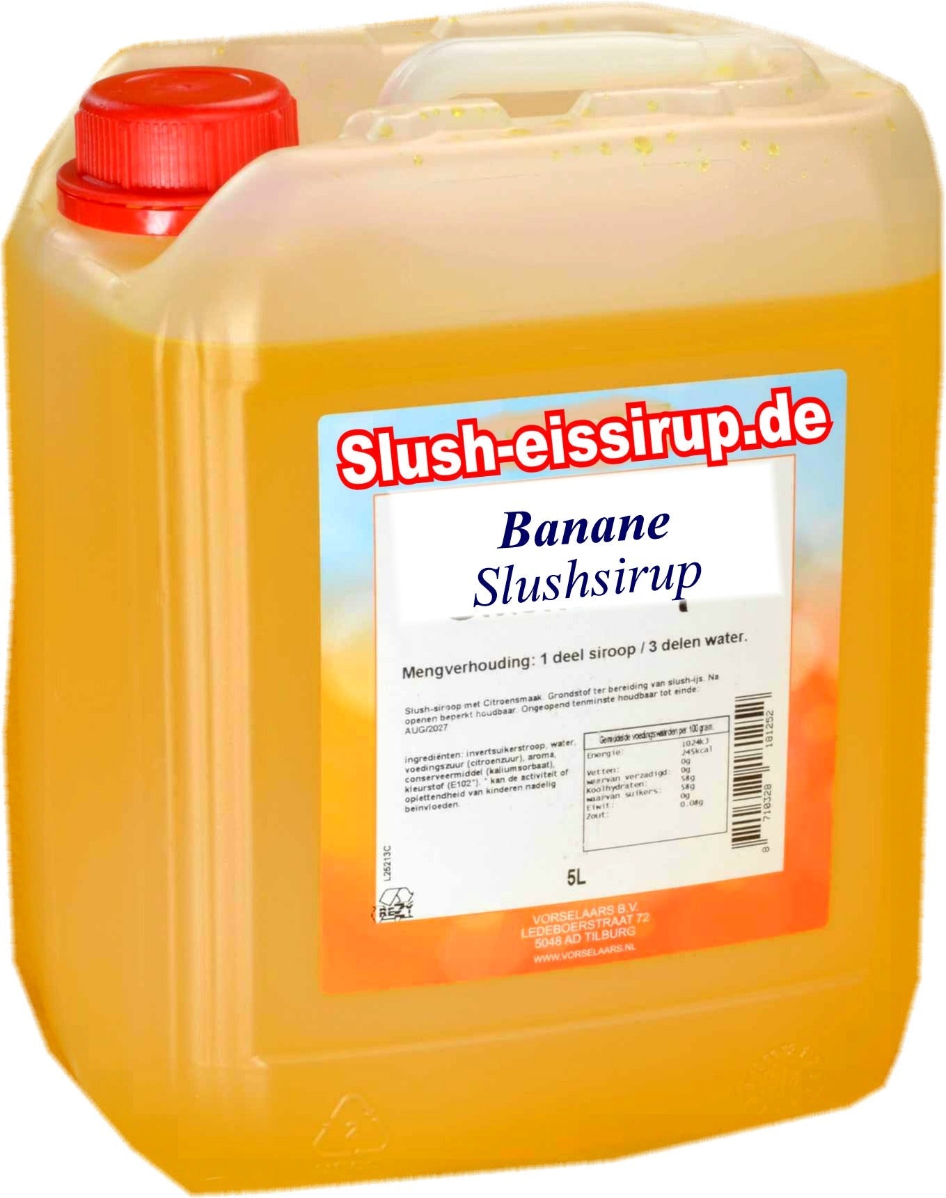 D-Slushsiroop BANAAN smaak - tank met 5 ltr - Vorselaars - Slushsiroop.nl   Een lekkernij voor jong en oud.