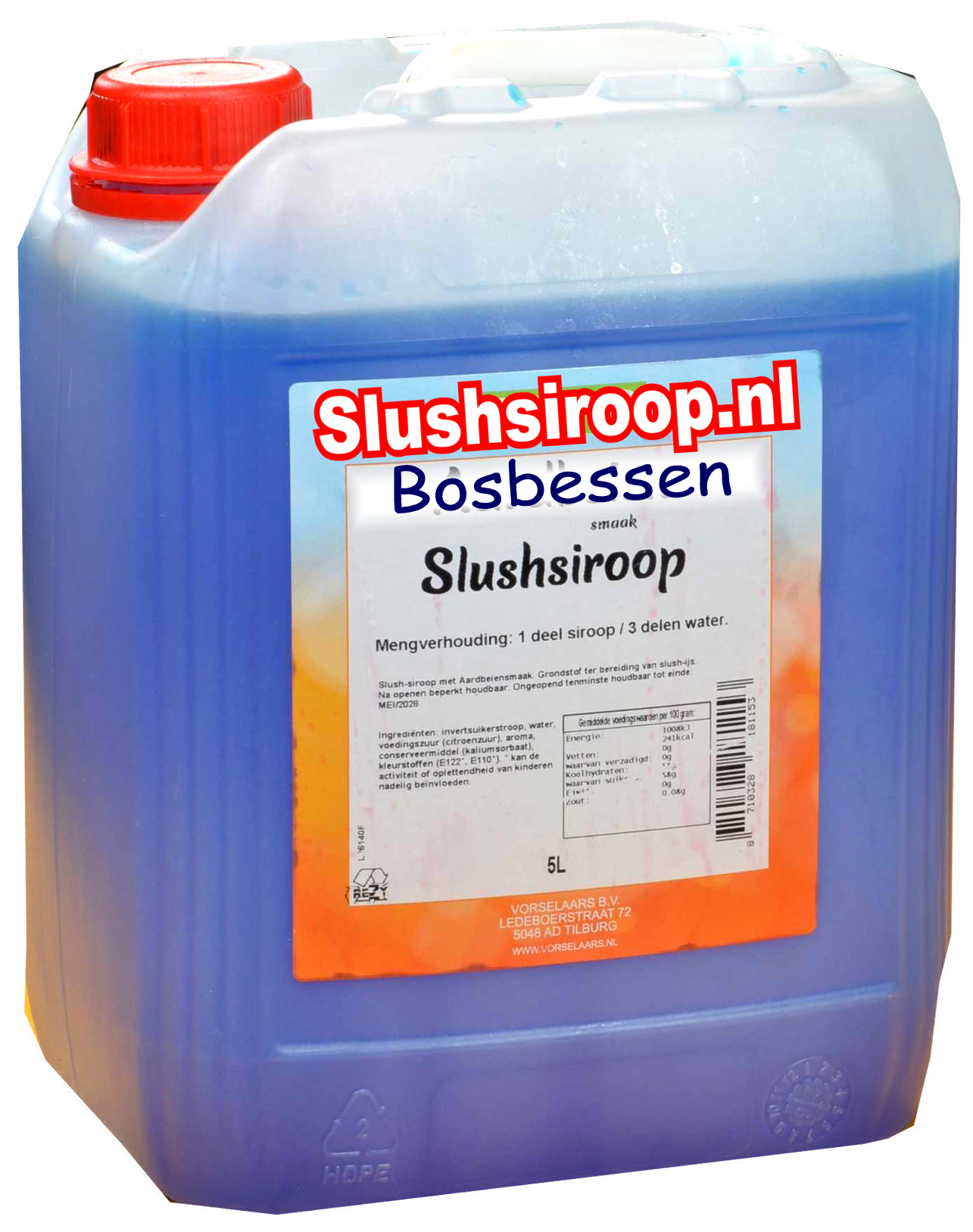 D-Slushsiroop BOSBESSEN smaak - tank met 5 ltr - Vorselaars - Slushsiroop.nl  -  Een ijskoude lekkernij voor jong en oud.