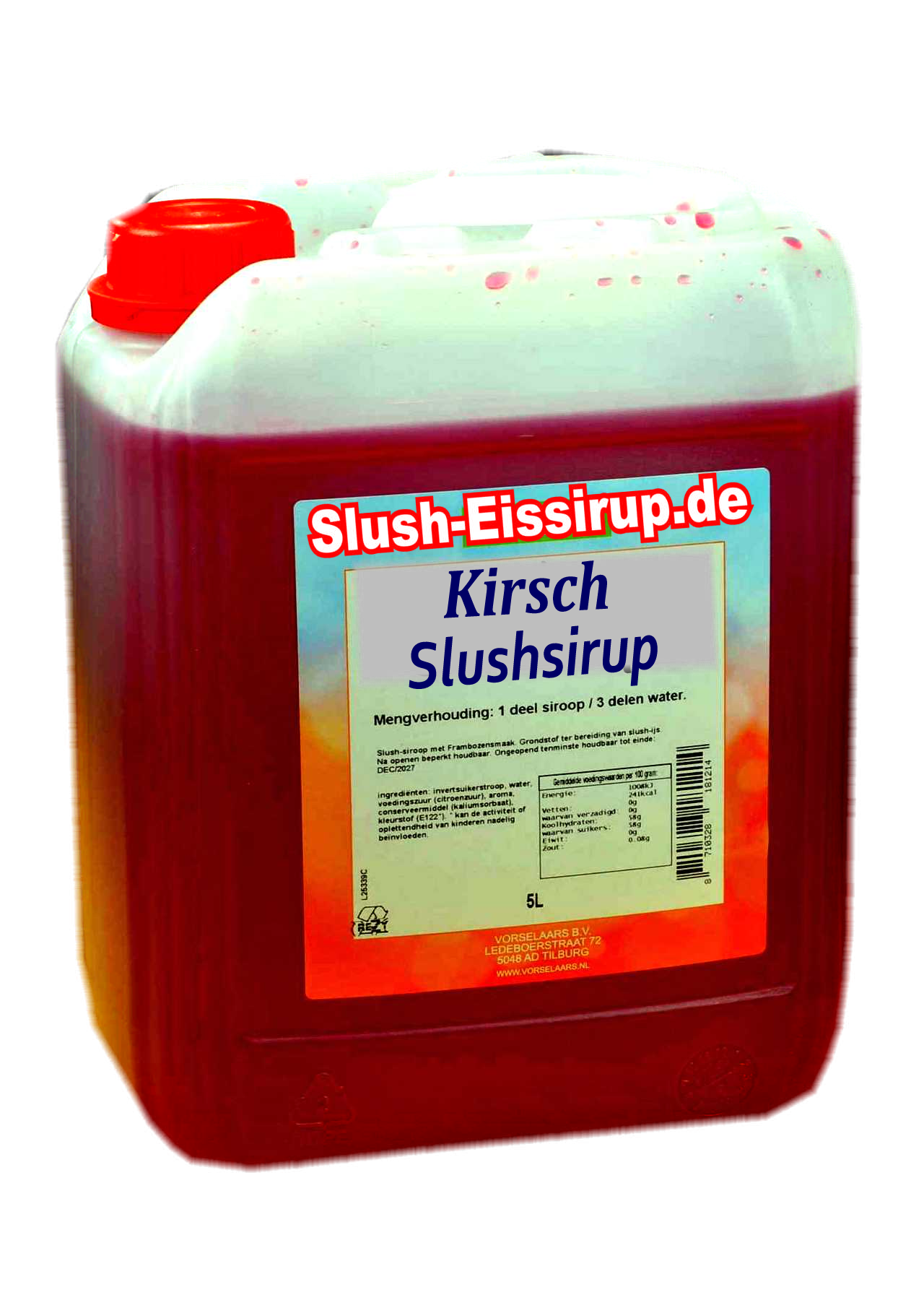 D- Slushsiroop KERSEN smaak - tank met 5 ltr - Vorselaars - Slush-Eissirup.de
