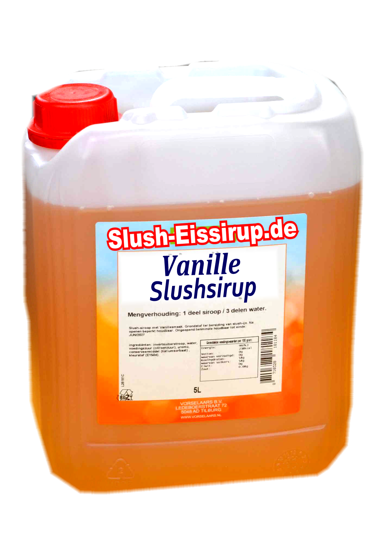 D- Slushsiroop VANILLE smaak - tank met 5 ltr - Vorselaars - Slush-Eissirup.de